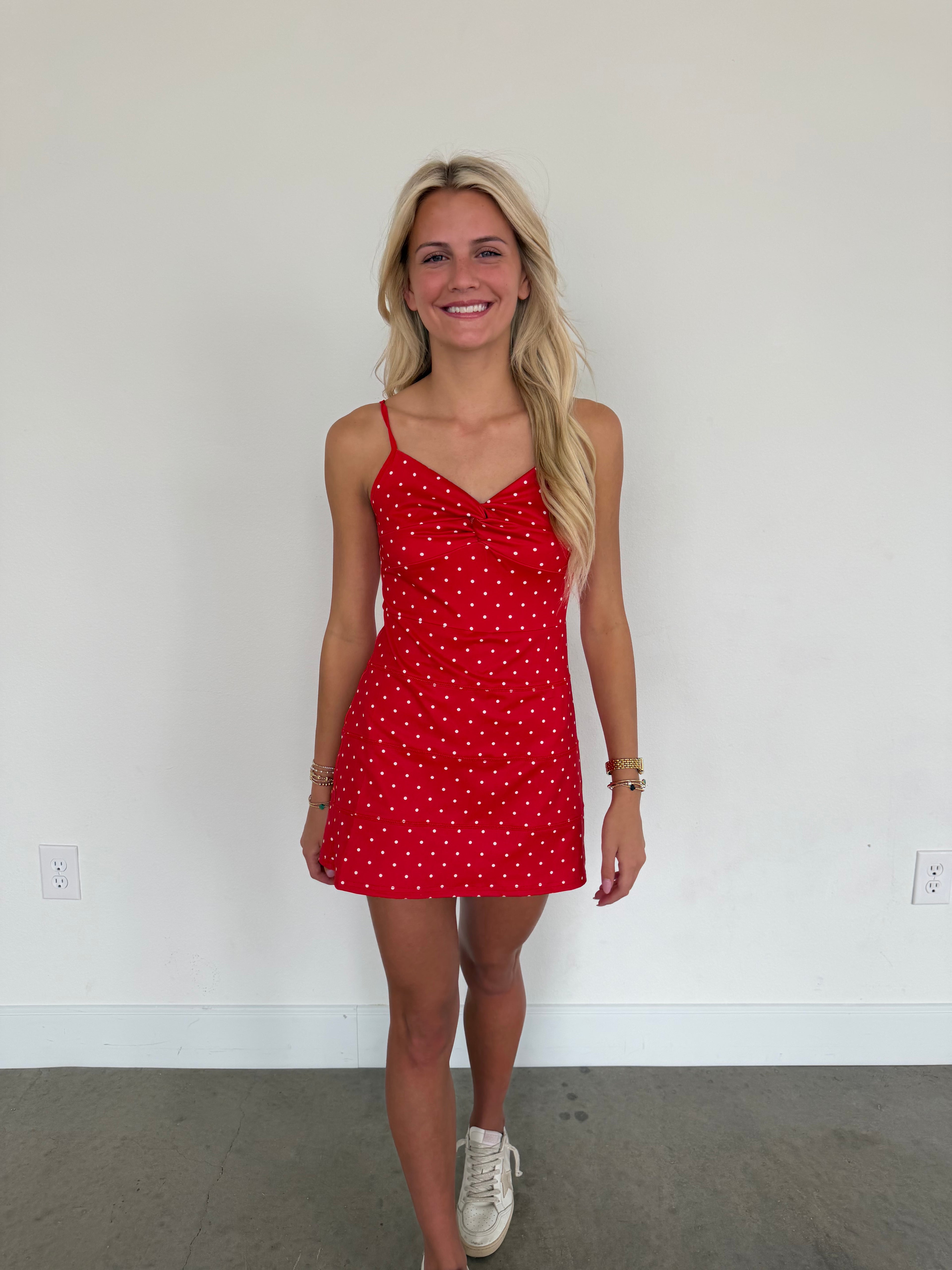 red and white athletic dress AS REVIVAL | Modern Drift Polka Dot Dress | RED-WHITE | Material: 82% Polyester, 18% Spandex